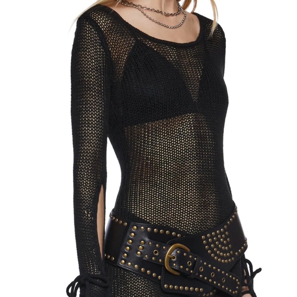 Black Mesh Long Sleeve Knit Dress